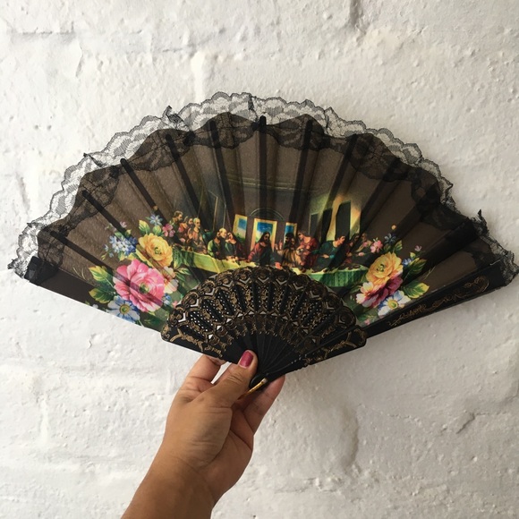 The Last Supper Decorative Church Fan with Black Lace  Detail - Picture 1 of 6